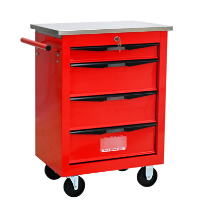 Red & Black 4 - Drawer Multifunctional Tool Cart With Rolling Wheels And Stainless Steel Cover, For Garage Workshop Use, Braking Ability, Pull Handle On One Side, 15Kg Loading Bearing Drawers, Key
