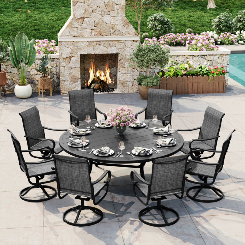 8-Person Patio Dining Set with 60“ Round Dining Table and 360° Swivel Textilene Rocking Chairs, Black