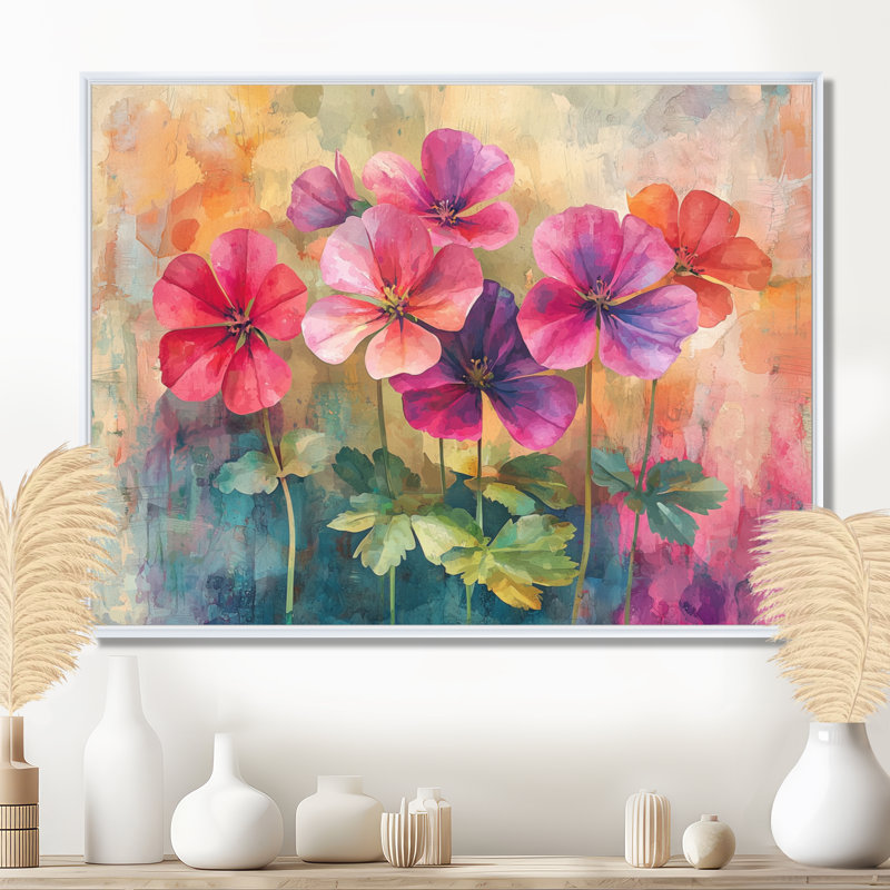 Neon Geranium Fields Pop Art II - Geraniums, art mural sur toile, H 12 po x l 20 po, Cadre flottant, Blanc