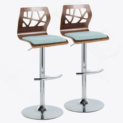 Tabouret de bar réglable avec pivot en métal chromé, bois de noyer et tissu sarcelle avec repose-pieds arrondi en T - ensemble de 2