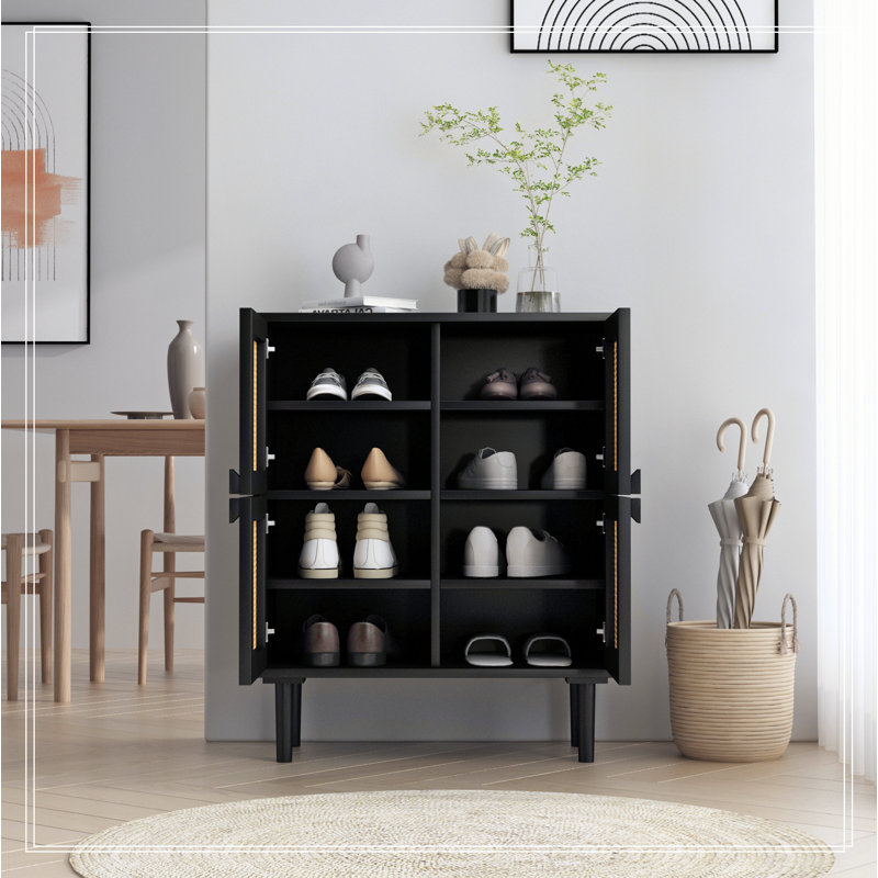 4-Doors Rattan Mesh Storage Cabinet, Shoe Cabinet with Eight Storage Spaces, Black
