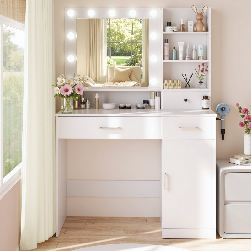 Bureau de meuble-lavabo avec miroir et lumières, prise de courant et 10 lumières, bureau de maquillage 3 modes de couleur et luminosité réglable