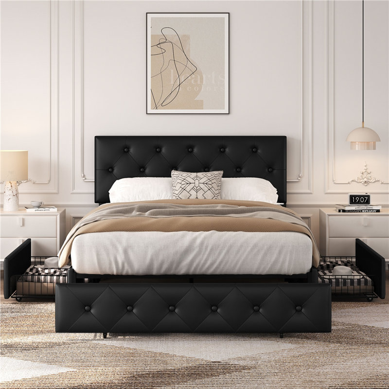 Lit plateforme tapissier avec tête de lit Sorel, Double, Noir