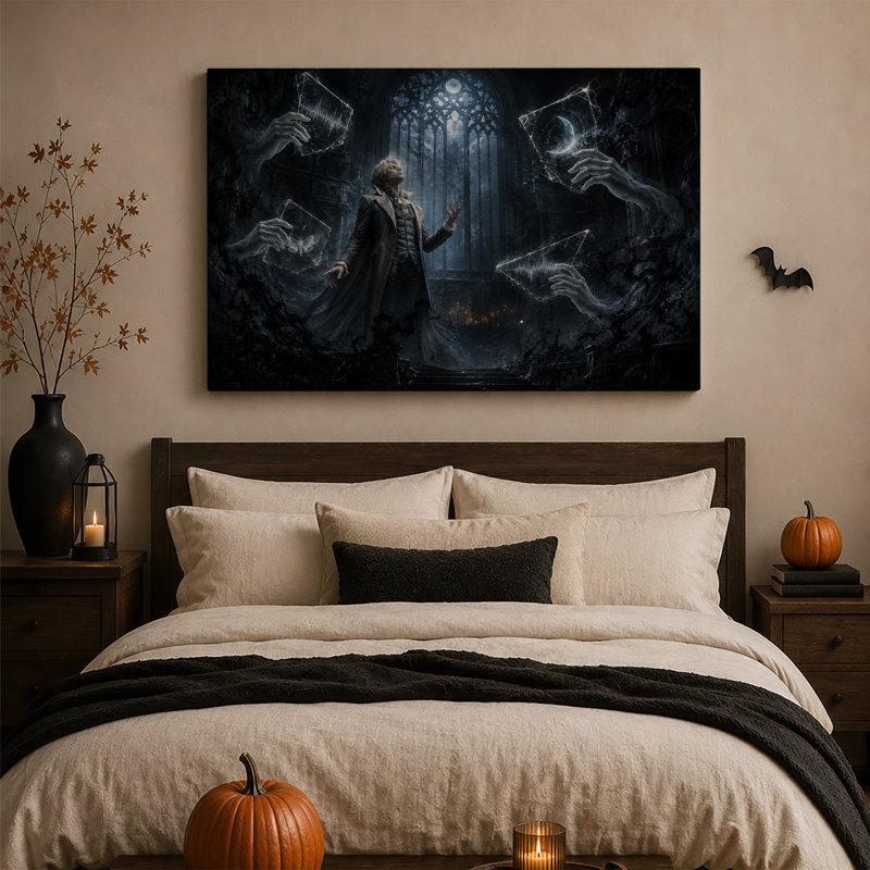 Tableau mural sur toile représentant un homme en manteau illuminé de bleu avec des mains fantomatiques, idéal pour l'Halloween