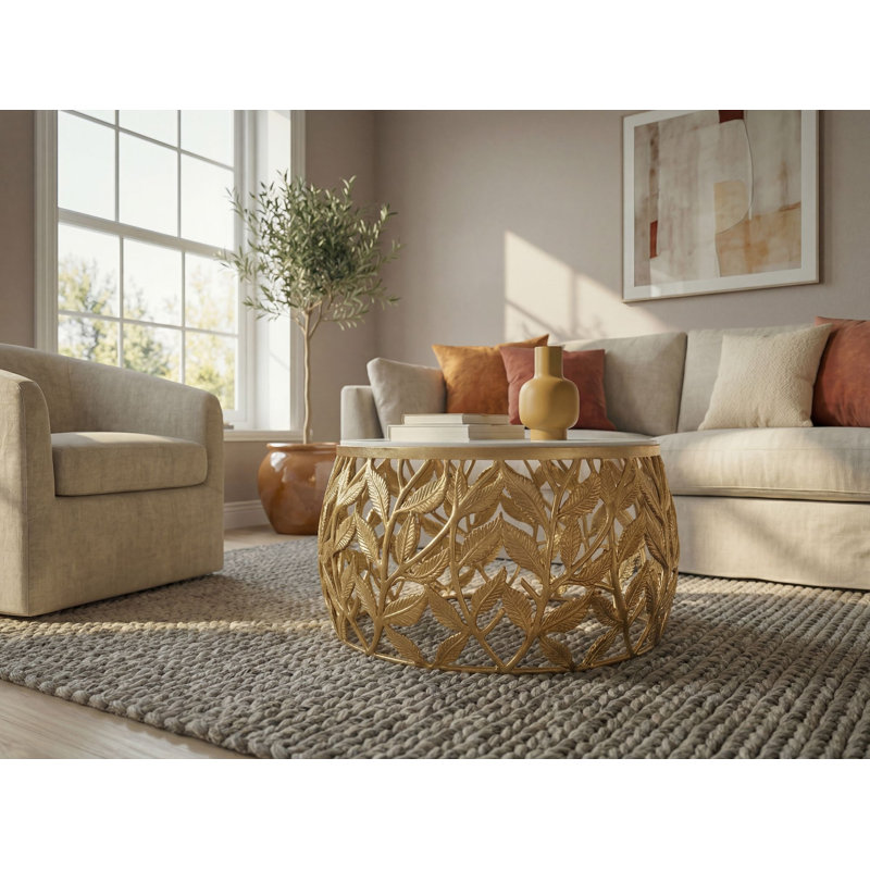 Round White Marble Coffee Table with Silver Aluminium Base, White / Gold, 33cm H x 60cm W x 60cm D, White, Gold