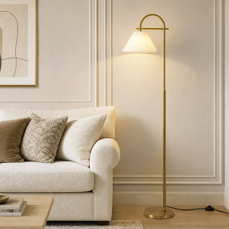 68" Arched/Arc Brass Floor Lamp with White Fabric Shade