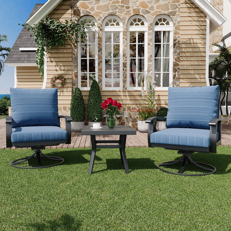 Outdoor Swivel Rocker Patio Chairs With Coffee Table 3 Pcs Bistro Set, Blue