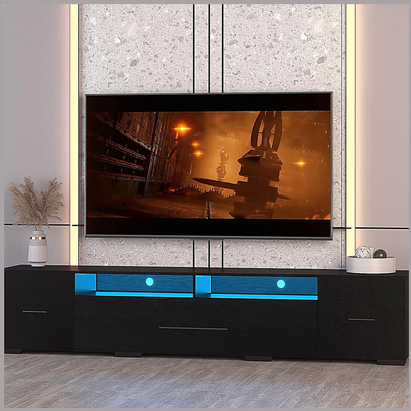 [Vidéo] Rangement, télécommande, long meuble télé à DEL avec contrôle APP, sélection complète de couleurs RVB, centre de divertissement moderne à 31 modes de changement d'éclairage, avec cordon d'alimentation (noir, convient pour 80 pouces)