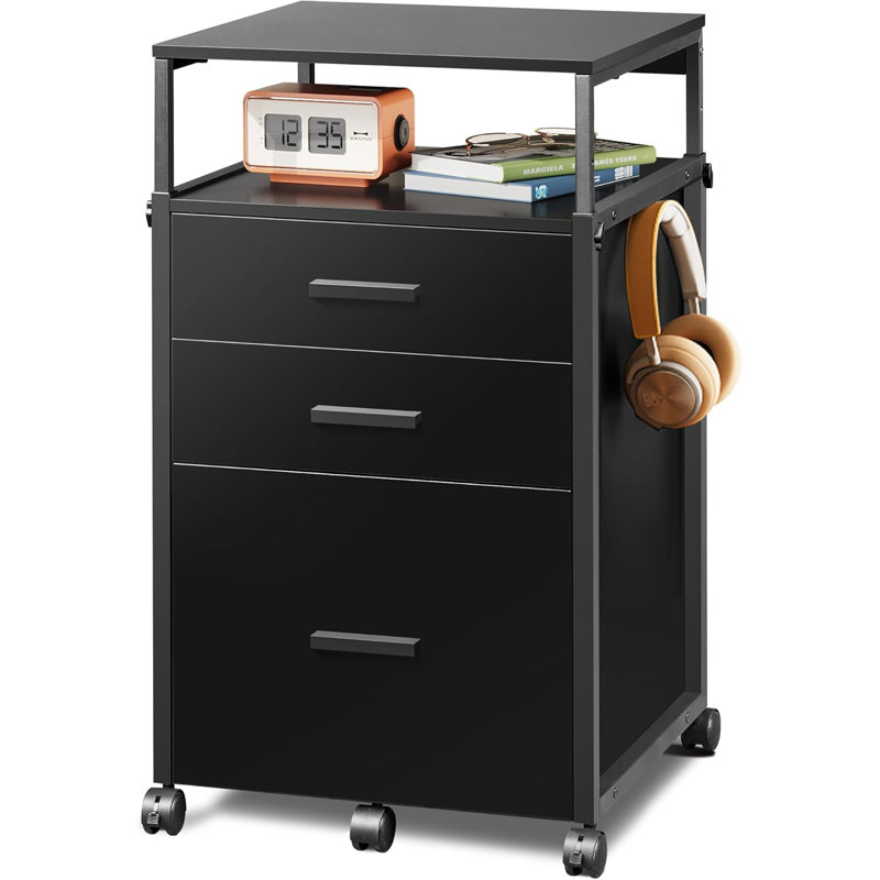 File Cabinet With Storage Drawers, Rolling Printer Stand With Adjustable Shelves, Wood Filing Cabinet For Home Office, Black