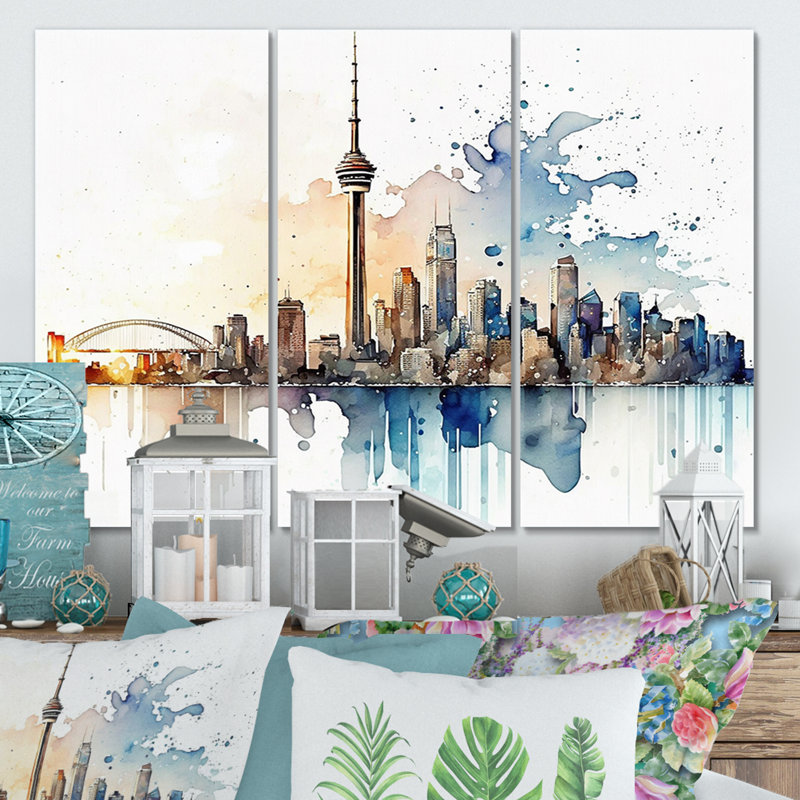 Toronto Skyline I - 3 pièces sur toile, H 32 po x l 48 po, Toile tendue