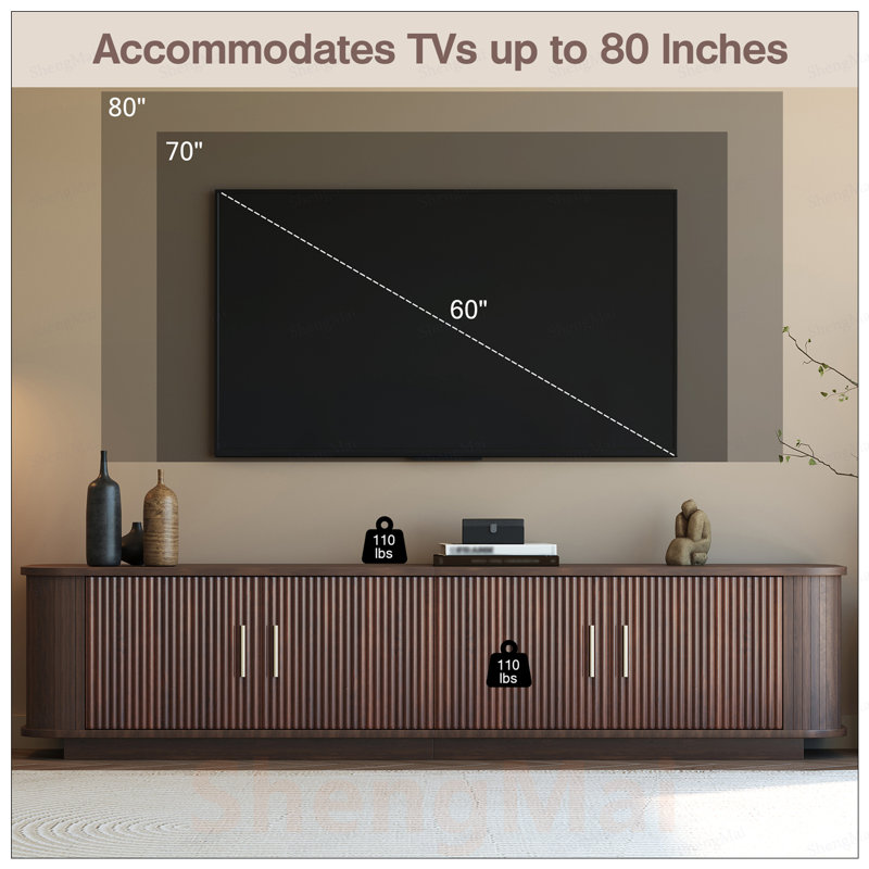 Meuble télé moderne pour téléviseur de 80 po ou moins avec rangement spacieux et coins arrondis, parfait pour le salon
