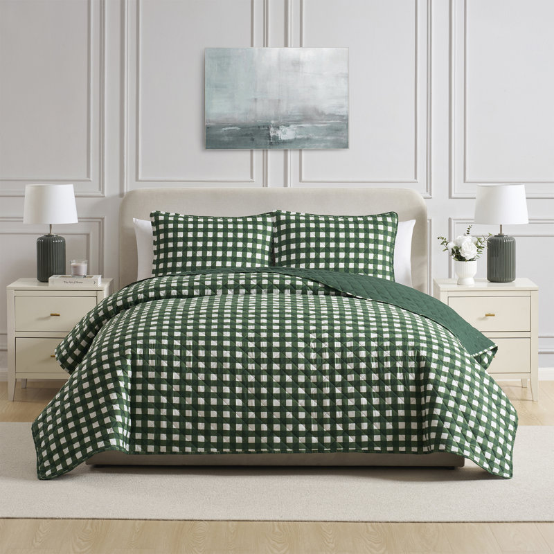 Ensemble de courtepointe en microfibre VCNY Home Gingham, Courtepointe pour lit simple et une taie décorati, Green