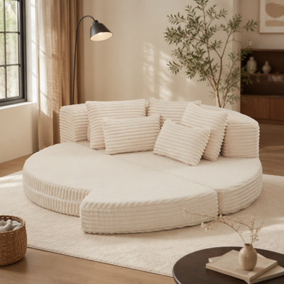 Canapé-lit 78,5 pouces en velours côtelé semi-circulaire 2 en 1, avec oreiller et cinq coussins décoratifs dans le salon