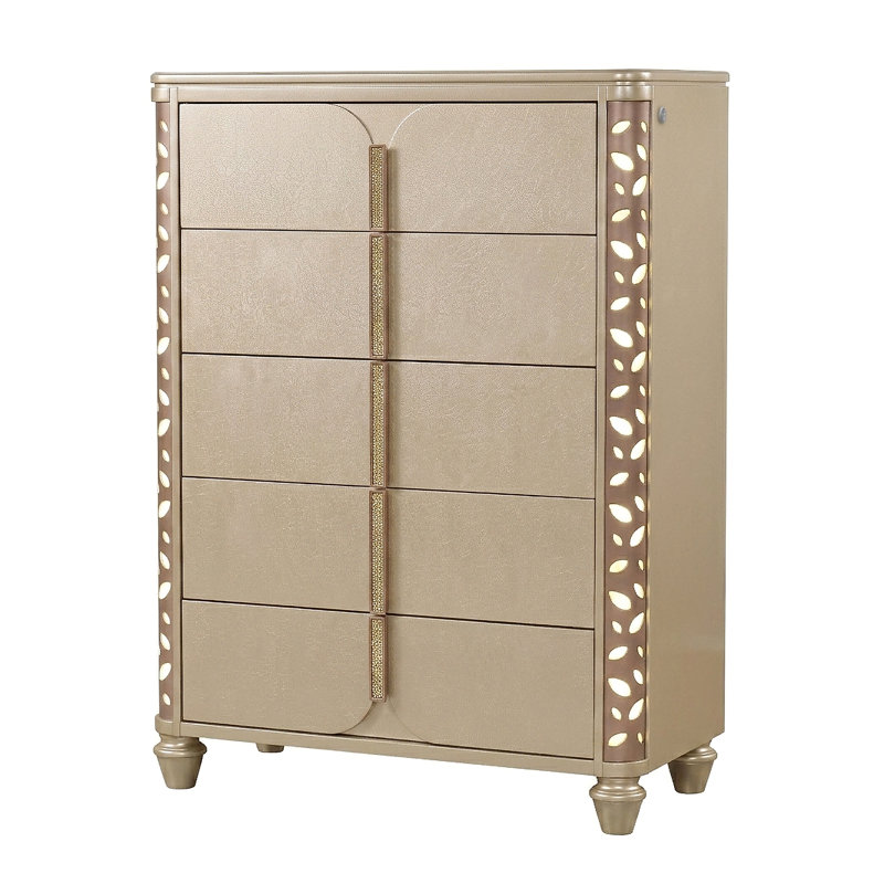 Commode glamour 5 tiroirs Celestial Glow avec accents de pétales de fleurs à DEL et poignées dorées