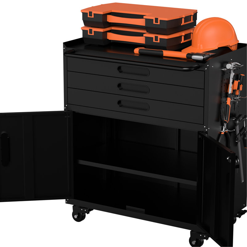 Rolling Tool Cabinet 34.3" - Garage Storage Solution. Heavy Duty Metal With Lockable Doors And 3 Drawers. Silent Drawer Slides Tip Device. Comes Gloves All In One Mobile Workbench For Home. Secure