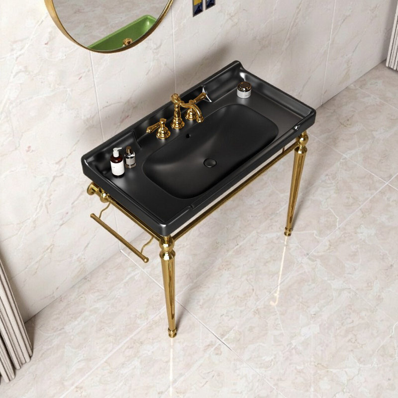 Lavabo de console de salle de bain mural moderne avec pieds de support autoportants et barre à serviettes - Lavabo en céramique facile à nettoyer, 3 trous de robinet pré-percés, robinet non inclus