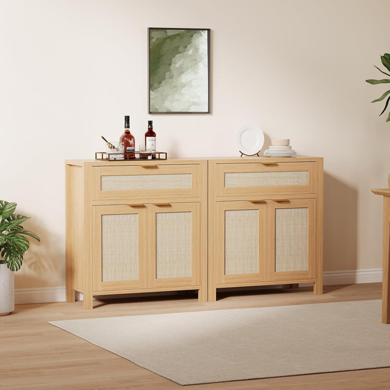 Buffet Buffet avec rangement, armoire en rotin avec tiroir et porte décorative avec tablettes réglables., Naturel