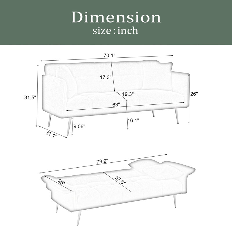 Futon-lit 70,1 po, canapé-lit double convertible, Beige