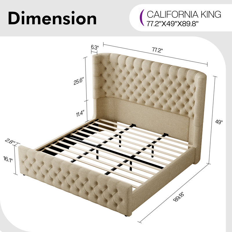 Deep Tufted Headboard Upholstered Wingback Bed, Beige, California King