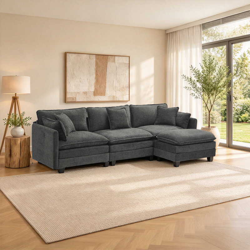 112" L-Shaped Modular Sectional Sofa with USB Charging Port and Movable Ottoman, Black Chenille