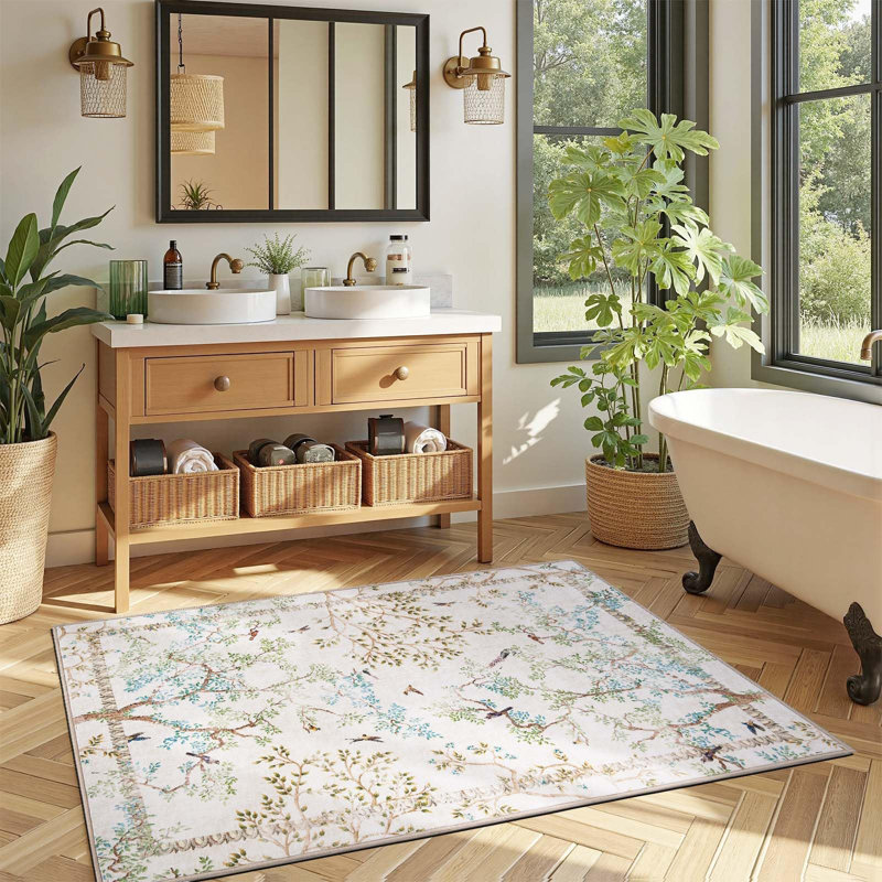 Floral Rug Botanical Birds Print Nature Plants Washable Non-slip Natural Ivory, Rectangle 3' x 5', Ivory