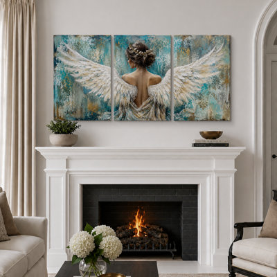 Teal Angel Woman Winged Figure Artwork, Bedroom Pictures, Framed Canvas Giclee Print 3 Pieces Wall Art