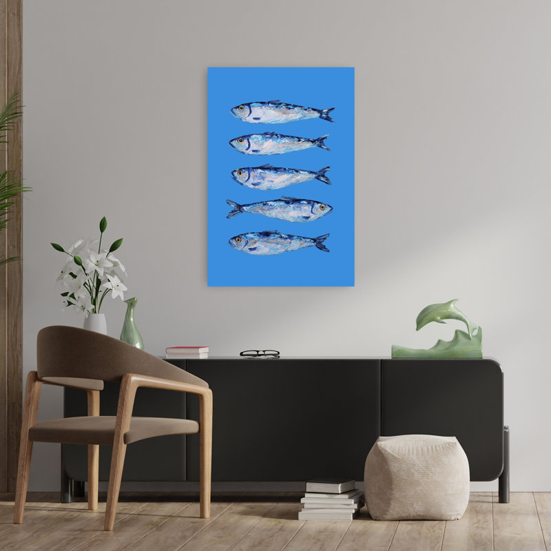 Cinq sardines bleues, art mural océan côtier, H 36 po x l 24 po