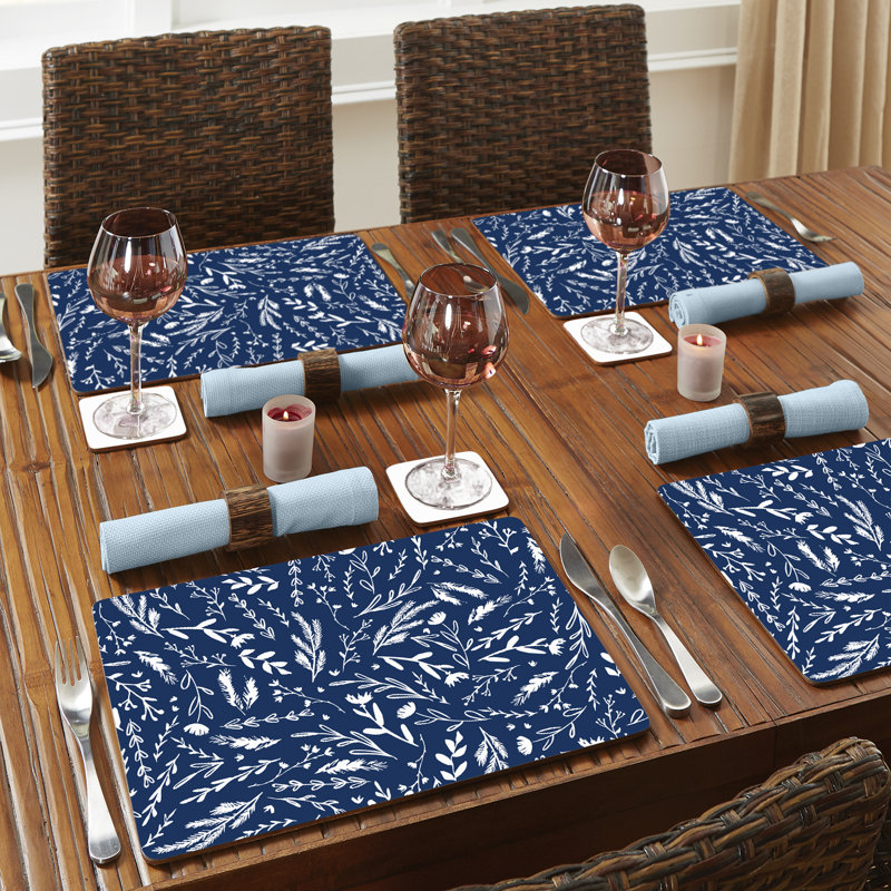 Meadow Sketch Floral Decorative Hardboard Placemats with Protective Cork Backing 4 Pack, Bleu / blanc