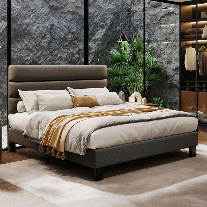 Base de lit plateforme avec tête de lit réglable, support en tissu et lattes en bois, sommier robuste, aucun sommier requis