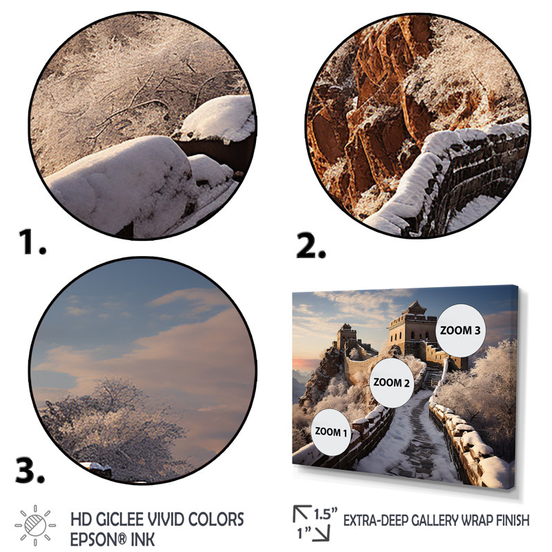 Grande muraille de Chine en hiver IV - Art mural japonais, Cadre flottant noir, H 16 po x l 32 po x P 1 po