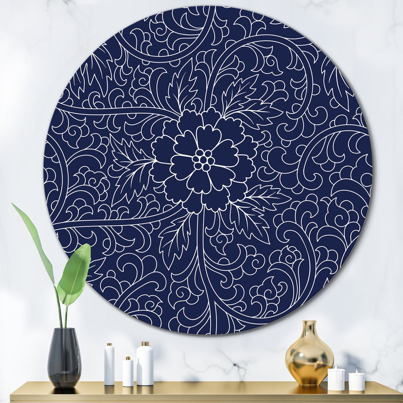 Motif chinois bleu foncé - impression sans cadre sur métal, H 23 po x l 23 po