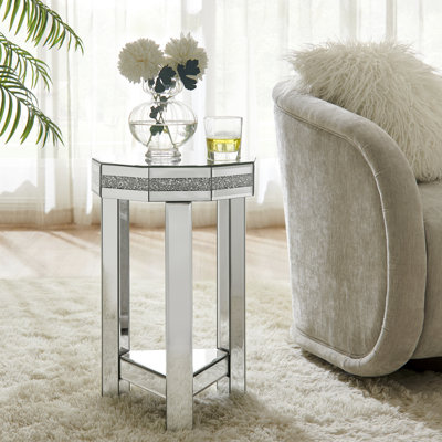 Table de bout octogonale à miroir 2 avec incrustations de cristaux, pour le salon, la chambre à coucher, le café, l 13,8 po x P 13,8 po x H 21 po, design américain, petits espaces décoratifs argentés faciles à nettoyer, et matériau en verre