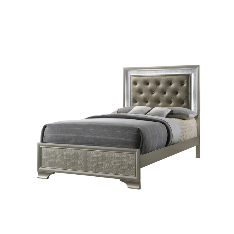 Beige & White Led Twin Size Bed With Crocodile Texture Headboard And Rails Skin Upholstery Effect