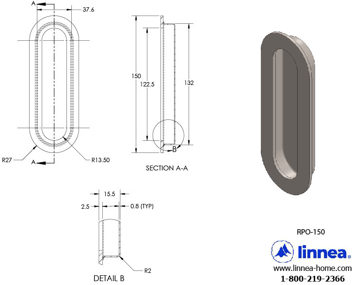 Recessed Pull Plate, Satin Stainless Steel, 4.01" H x 2" W x 1" D
