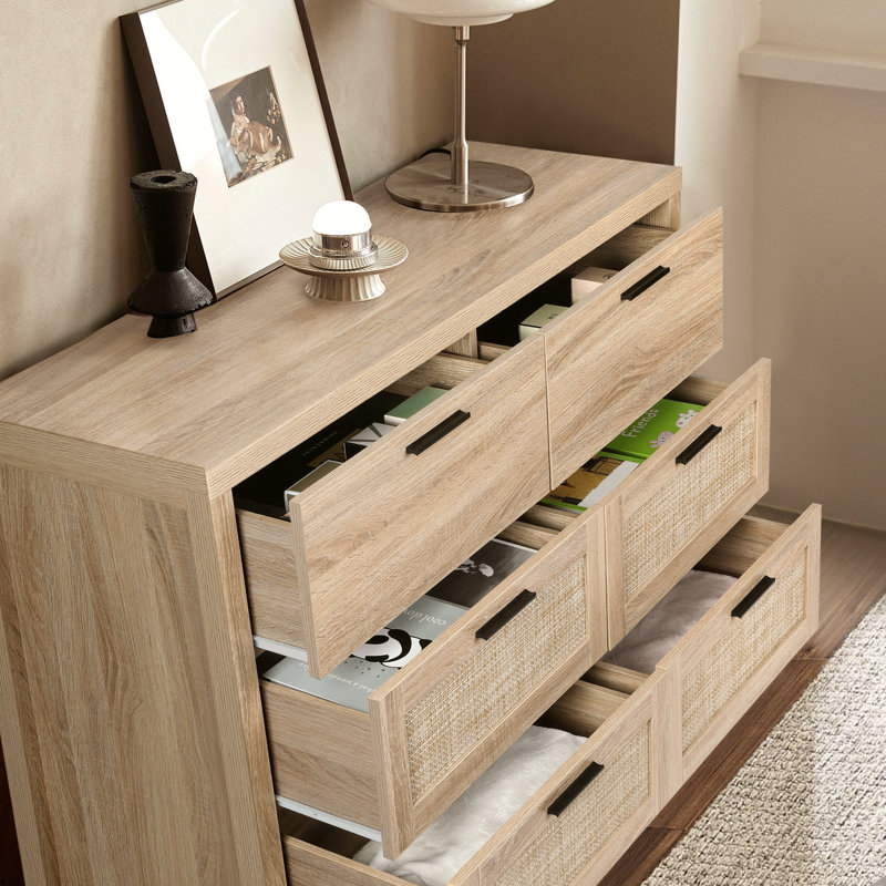 Commode 6 tiroirs en bois naturel - Surface en rotin pour chambre à coucher
