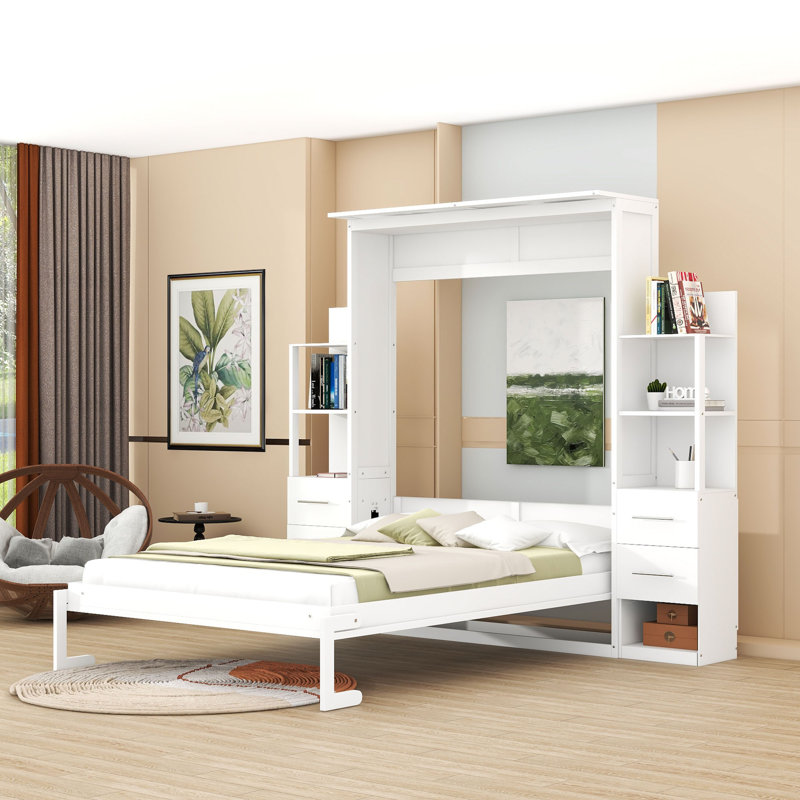 Lit escamotable polyvalent avec tablettes de rangement et tiroirs Sebatian, Blanc, Grand