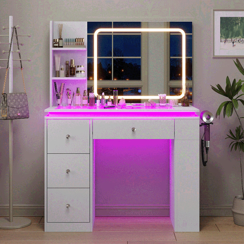 Vanity Desk with Mirror and Lights, 11 LED Lights Fluted Makeup Vanity Desk, Glass Top for Bedroom, white