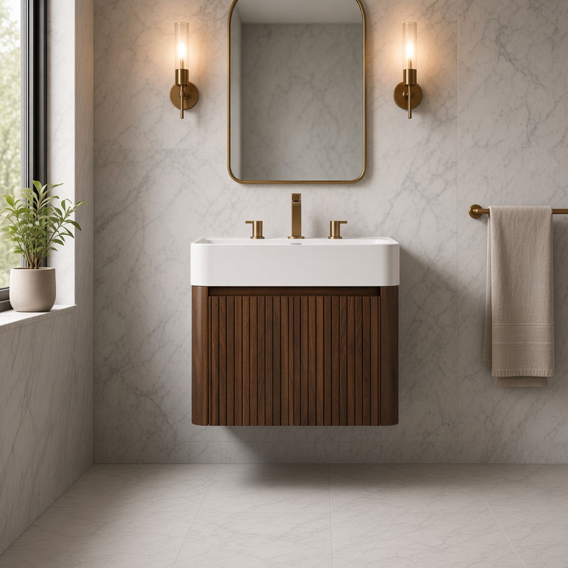 Wall Mounted Single Double Single Vanity Bathroom Vanity With Solid Surface Top, Walnut, 24"