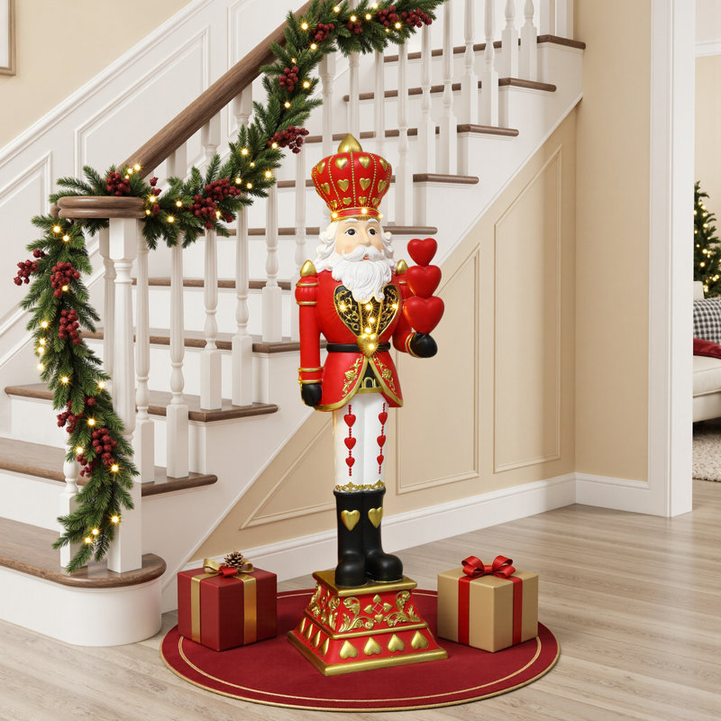 Statue de soldat Casse-Noisette romantique de 1,20 m tenant des cœurs rouges, décoration de Noël pré-illuminée en oxyde de magnésium