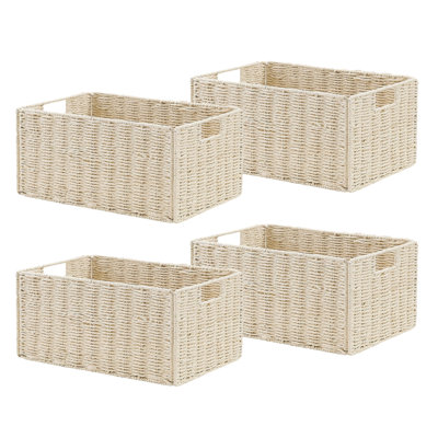Eco-Friendly Woven Paper Rope Storage Baskets Set of 4 – Collapsible Black Rectangular Organizer Bins with Handles – Space-Saving Open Storage for Home, Shelves, Bathroom, Living Room