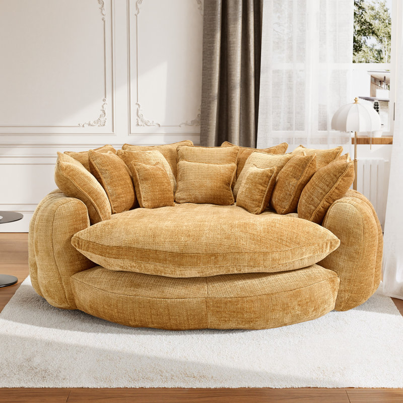 Oversized Compression Bean Bag Sofa - Large Round Loveseat With Pillows, Yellow Chenille