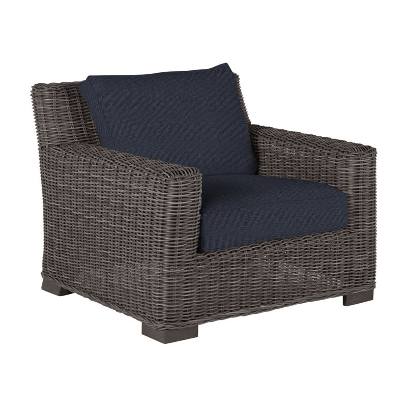 Rustic Woven Lounge Chair, Linen Navy, Black Walnut, No Welt