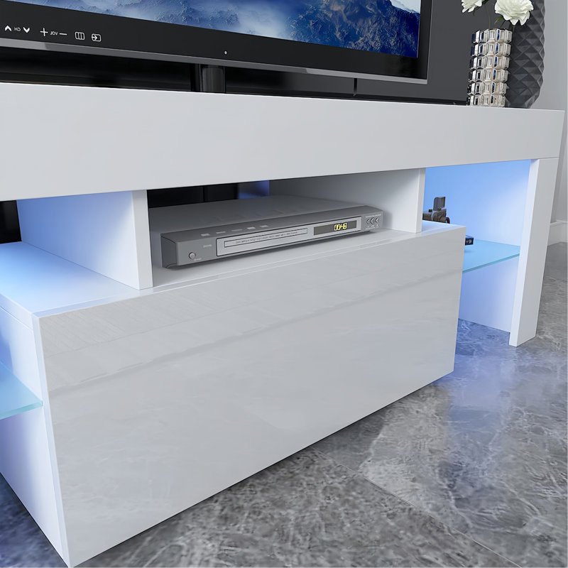LED TV Stand For Televisions Up To 55 Inchs,Modern Entertainment Center With Down Filp Door, Glass Shelf And High Glossy UV Front Face, TV Console Table For Living Room,Bedroom,White