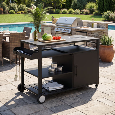 Outdoor Grill Cart With 304 Stainless Steel Ice Bucket, Heavy Duty Bar Table With Wheels & Push Handle, Portable Prep Station
