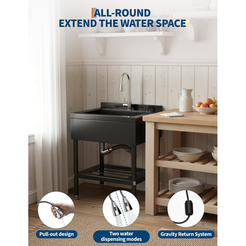 Bassin utilitaire robuste en acier inoxydable, cuve unique profonde sur pied – Robinet extractible à 360° pour eau chaude et froide, pour buanderie, garage, atelier, avec tuyaux et trousse de vidange, 65,3 cm × 52,6 cm × 100,3 cm