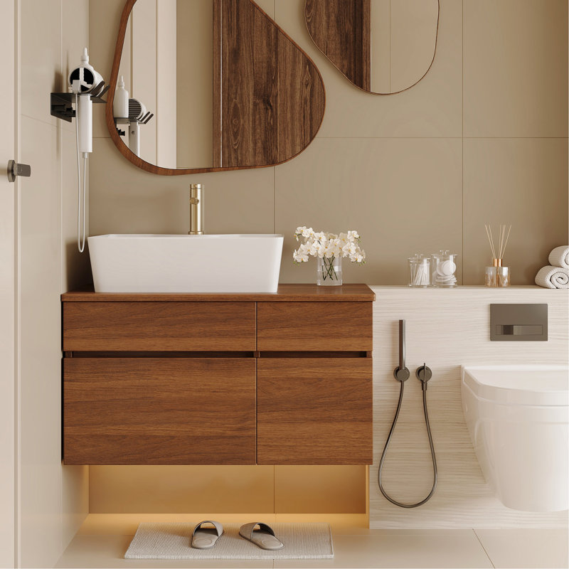Petit meuble-lavabo flottant simple 31,5 pouces avec lavabo, Noyer