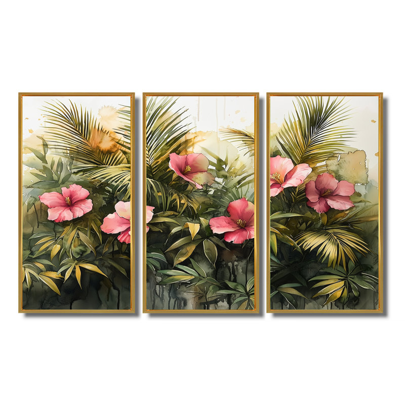 Hibiscus tropical dans une symphonie de printemps I - art mural hibiscus - ensemble de 3, H 28 po x l 36 po, Doré