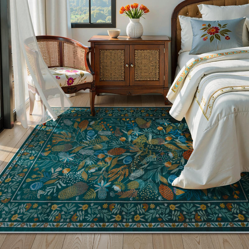 Kaldi Washable Rugs for Living Room Botanical Print Area Rug Non Slip Stain Resistant Dining Room Mat, Rectangle 5' x 7'