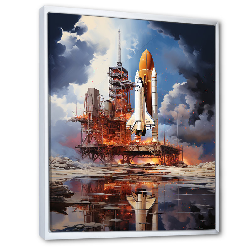 «Rocketship Reflection On Water II», reproduction d'art sur fusée, H 40 po x l 30 po x P 1,5 po, Cadre flottant blanc
