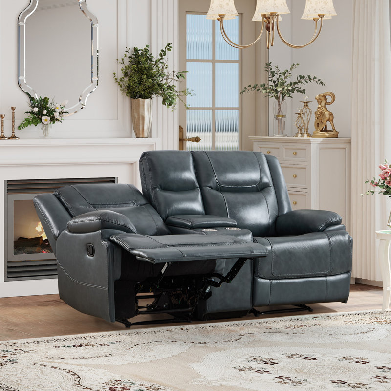 Luxury 74'' Wide Genuine Leather Reclining Loveseat With Cup Holders & Storage Console（Set Of 2), Navy Blue